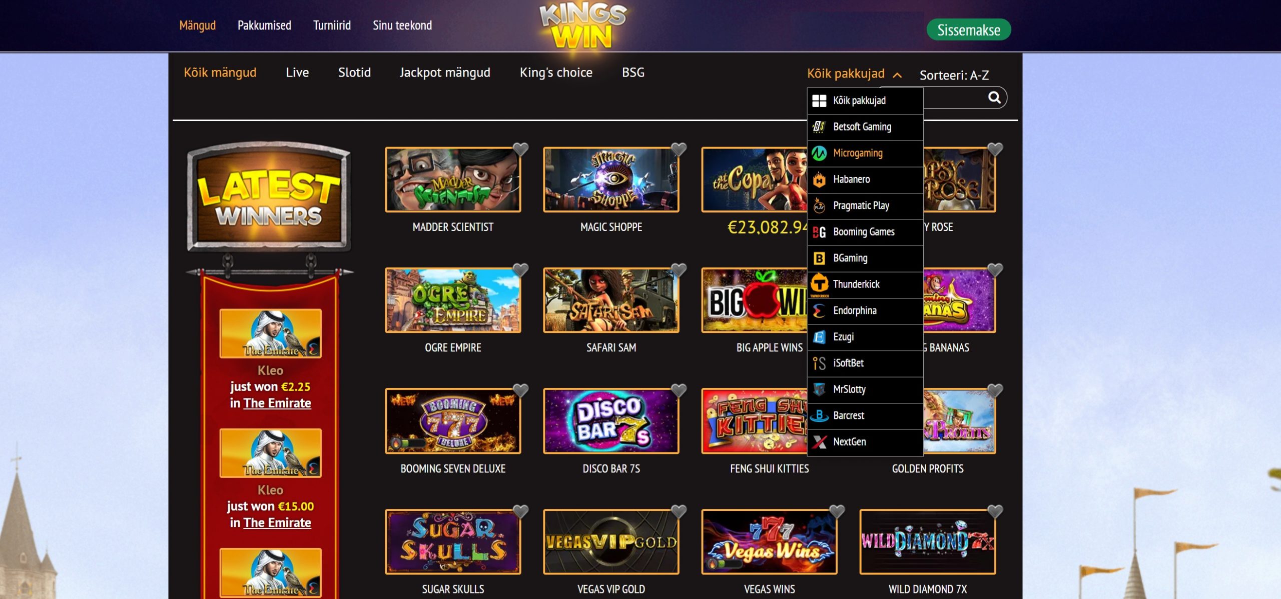 Kingswin online-kasiino lobby ja mängutootjate valik